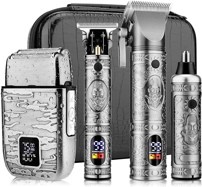 Dumite Professional Hair Clippers for Men,Hair Clippers+T-Blade Trimmer+Electric Shaver+Nose Hair Trimmer Set,4 in 1 Cordless Barber Hair Cutting Kit LCD Display Gifts (Gray)