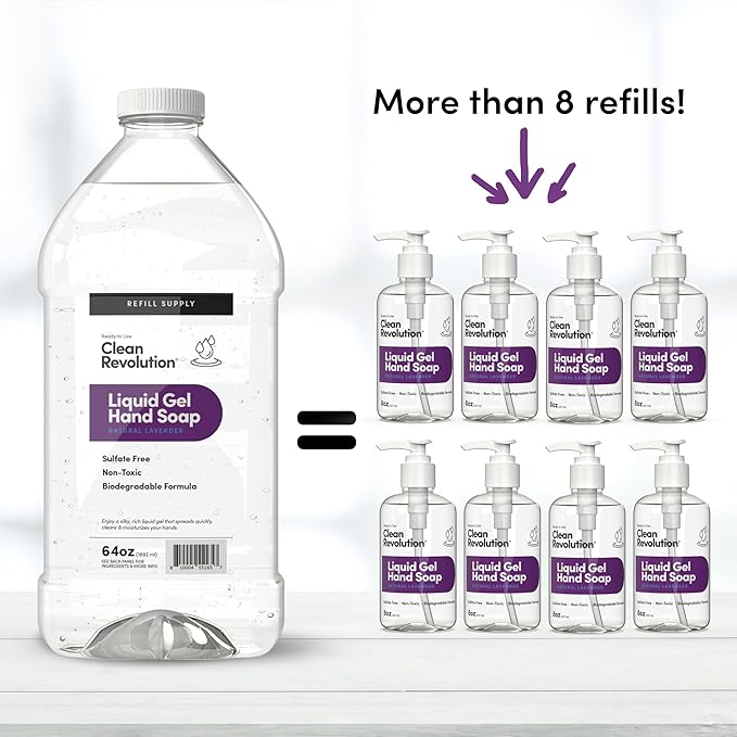 Clean Revolution Liquid Gel Hand Soap Refill with Real Essential Oils – Sulfate-Free Gel Hand Wash, Moisturizing Bulk Refill, Non-Toxic Formula, Made in the USA (Natural Lavender) 64 Fl Oz