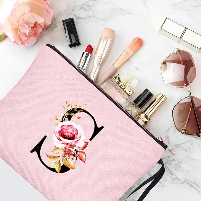 Vavabox A-Z Personalized Makeup Bag, Birthday Gifts for Women Mom, Gifts for Best Friend, Bride Bridesmaid Cosmetic bag (S, 06-Pink)
