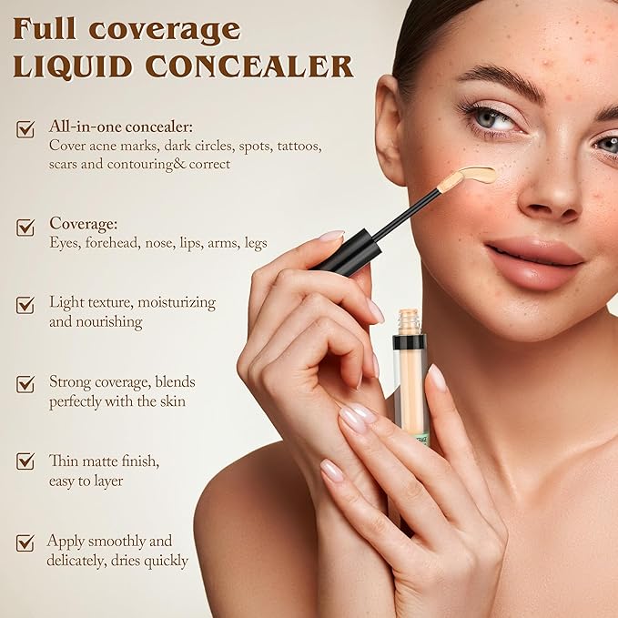 Full Coverage Liquid Concealer, Foundation Makeup for Older Women, Covers Blemishes & Under-Eye Circles, Spots, Matte Finish, Hydrating Primer for Correct, 0.06 fl oz, Vegan & Cruelty-Free A02#Light