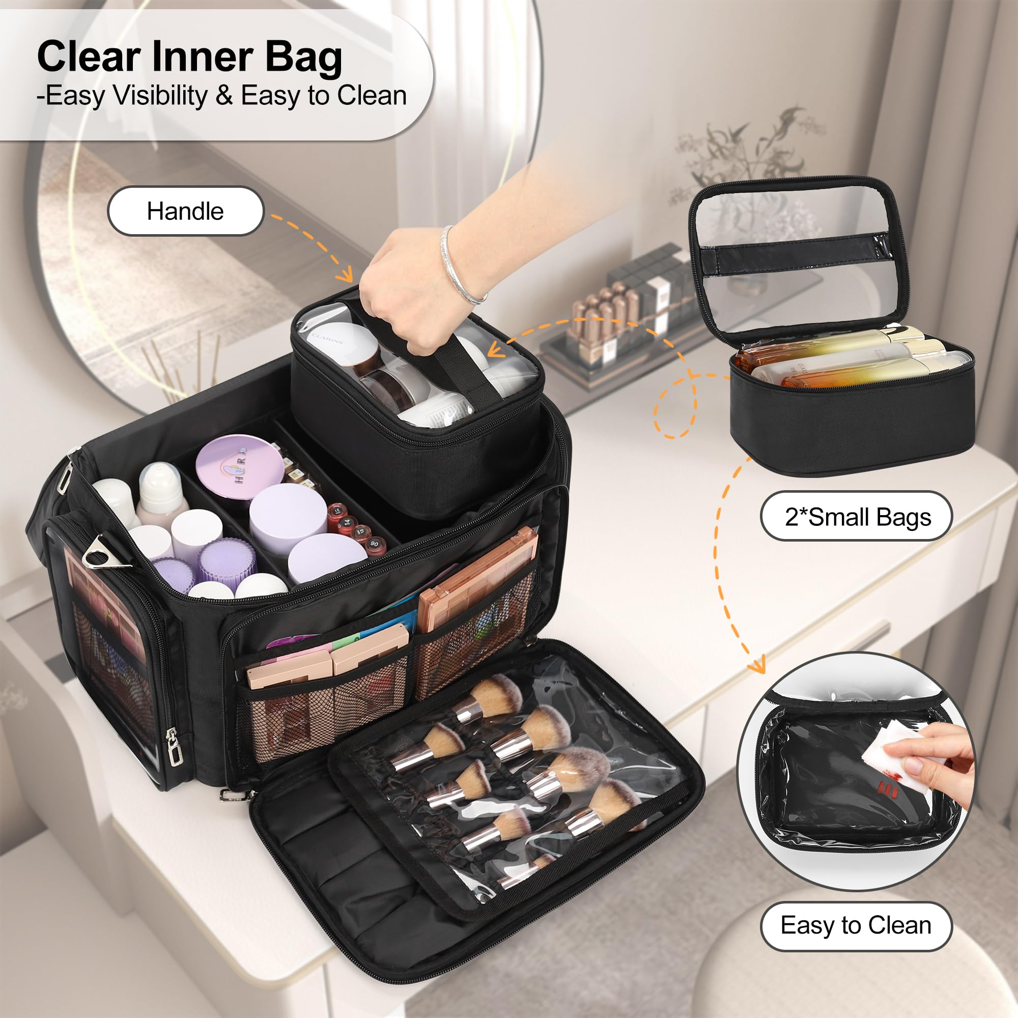 TANTO Large Makeup Organizer Bag, Professional Makeup Artist Bag Portable Travel Makeup Organizer with Detachable Dividers, 2 Pouches & Shoulder Strap, Cosmetic Storage for Beauty Enthusiasts