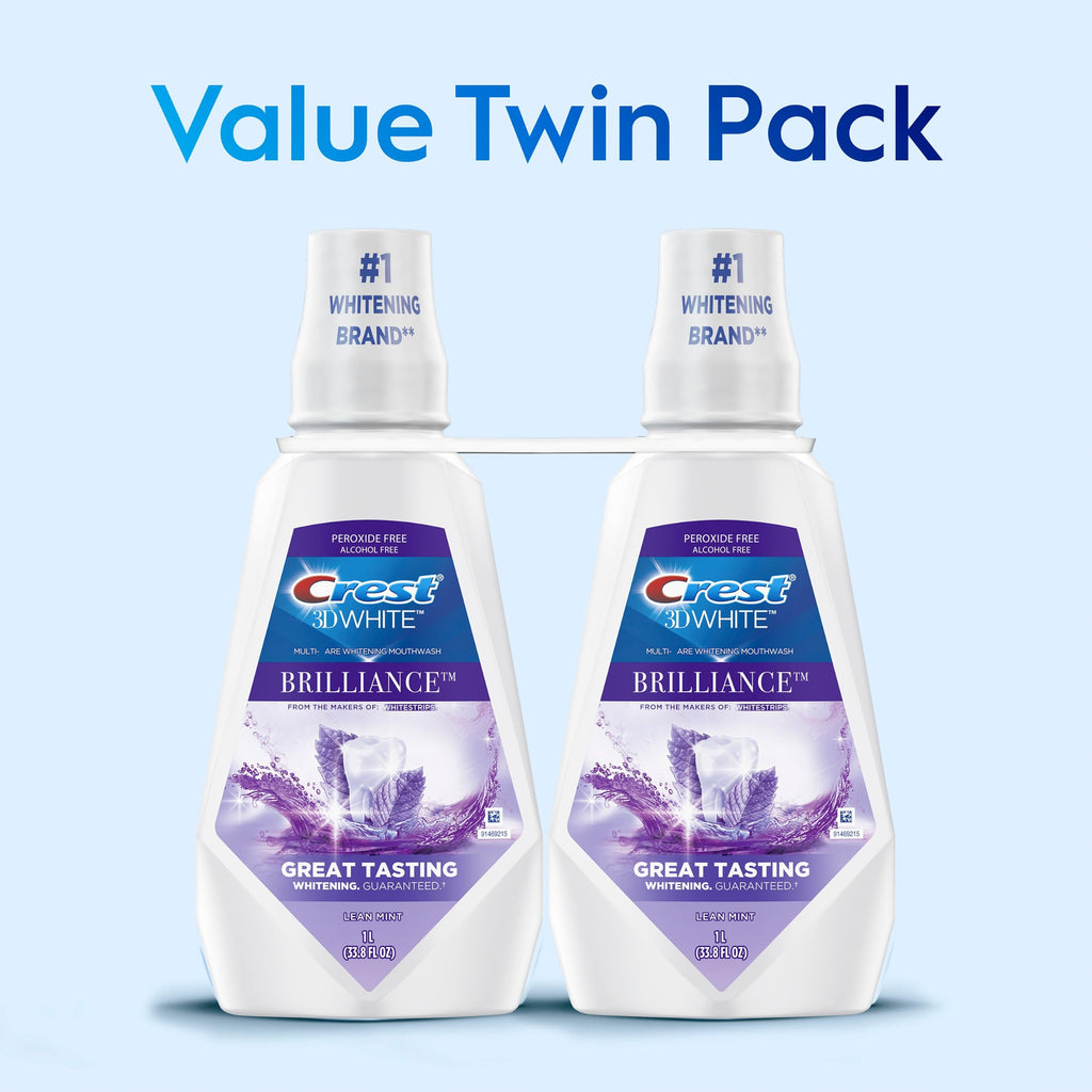 Crest Mouthwash/Mouth Rinse, 3D White Brilliance Whitening, Alcohol Free, Clean Mint, 2x1L (33.8 fl oz)