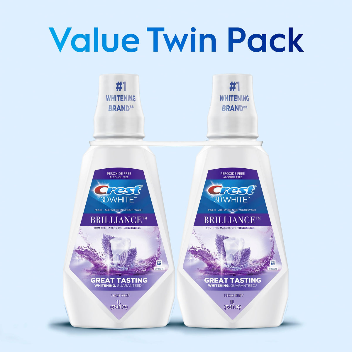 Crest Mouthwash/Mouth Rinse, 3D White Brilliance Whitening, Alcohol Free, Clean Mint, 2x1L (33.8 fl oz)