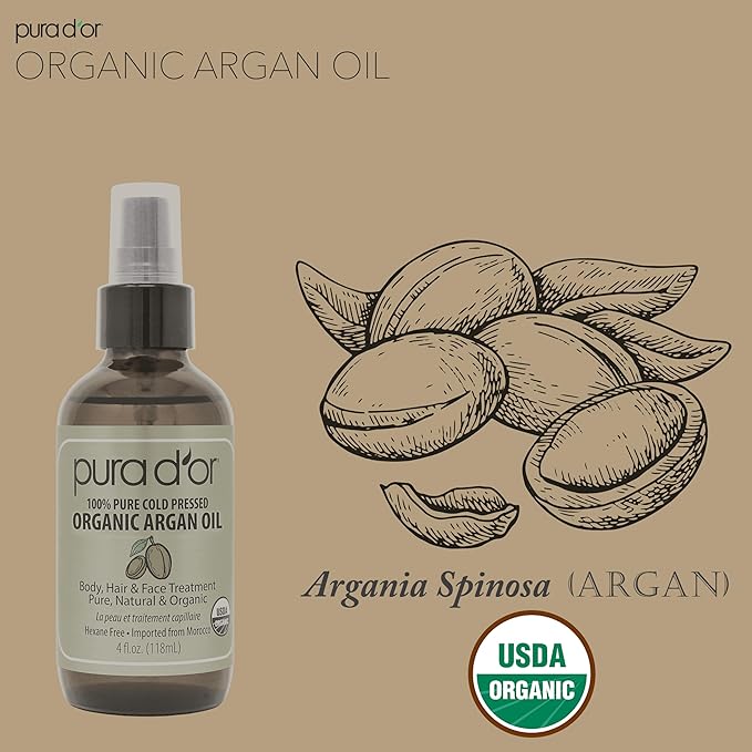 PURA D'OR USDA Organic Moroccan Argan Oil–100% Pure Cold-Pressed Virgin Grade–Treatment for Hair, Skin, Face, Body– Helps Dry Skin, Scalp Care, Split Ends, Nails & Cuticles 4 Oz - Ayurvedic Hair Care