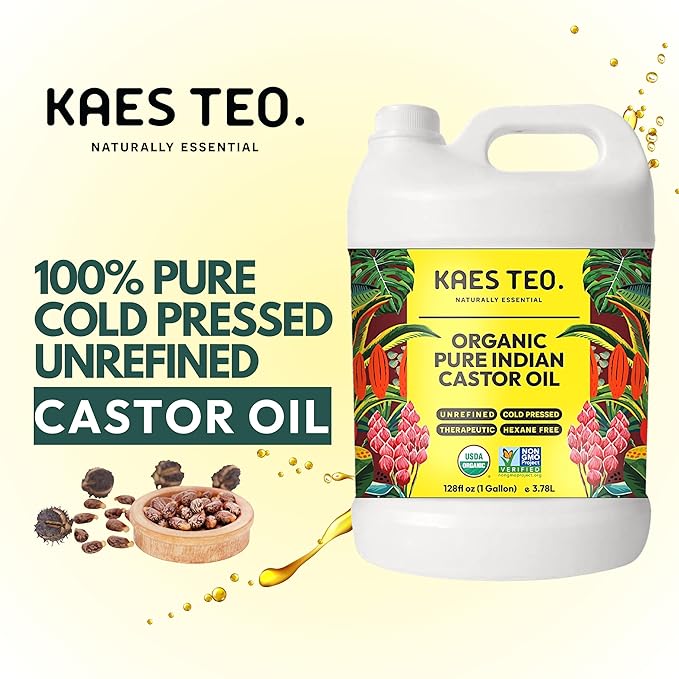 Kaes Teo Organic Castor Oil 1 Gallon (128 fl oz) Bulk, 100% Pure Cold-Pressed, Hexane Free, Eyelash, Eyebrow & Hair Growth Serum, Skin Moisturizer, Massage, Hair Loss, Dandruff, Detox and Wraps