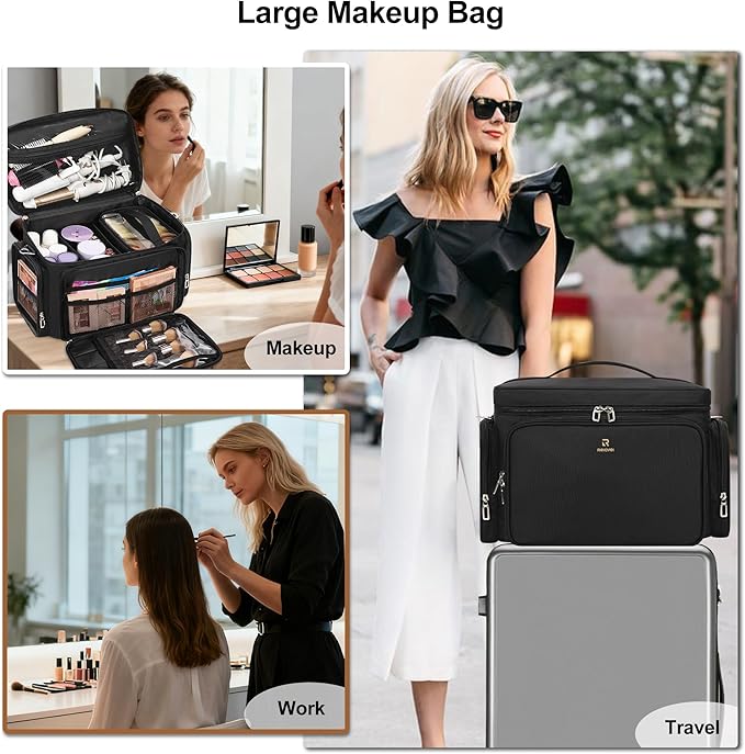 TANTO Large Makeup Organizer Bag, Professional Makeup Artist Bag Portable Travel Makeup Organizer with Detachable Dividers, 2 Pouches & Shoulder Strap, Cosmetic Storage for Beauty Enthusiasts