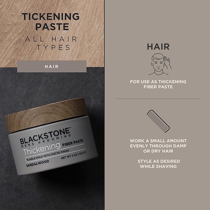 Blackstone Men's Grooming Thickening Fiber Paste Gel for Hair Styling - Adds Volume with Pliable Hold & Matte Finish | Paraben Free, Sandalwood (4 oz)
