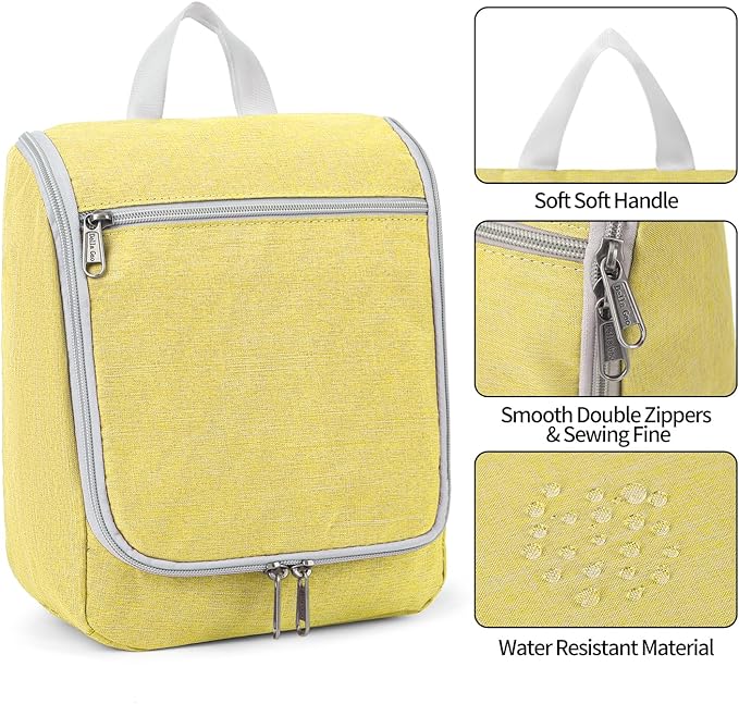 Della Gao Travel Hanging Toiletry bag for Men & Women, Water-resistant Sturdy Nylon Toiletries Organizer for Cosmetics, Makeup Brushes, Shaving Tools, Bathroom Bag, Yellow