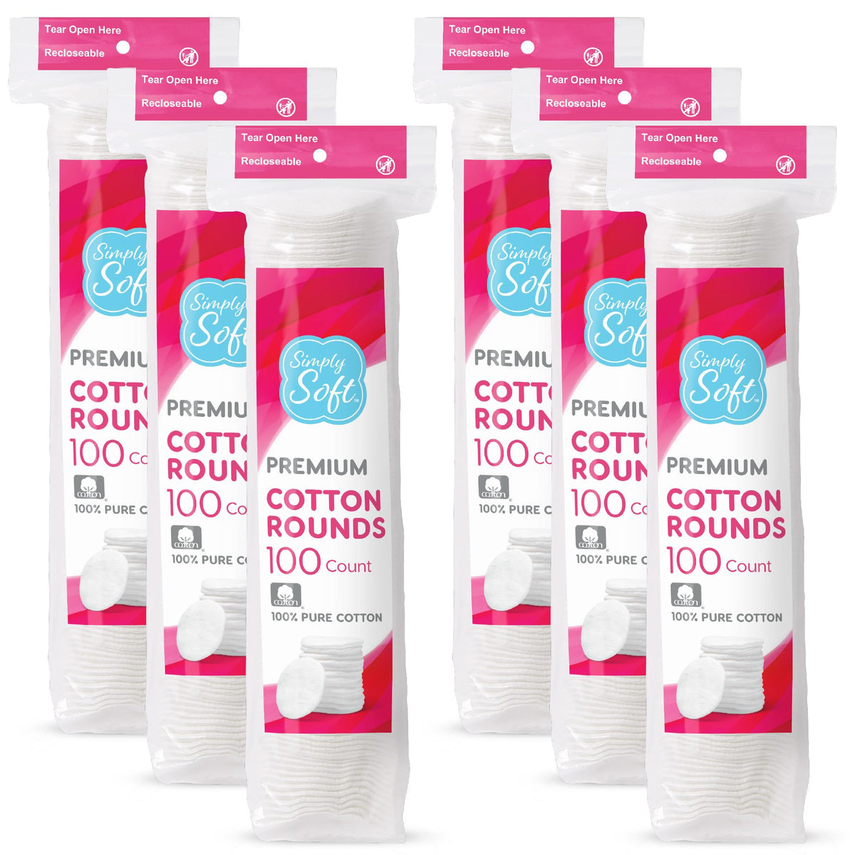 Simply Soft Premium Cotton Rounds, 100% Pure Cotton, Absorbent Cotton Pads, 100 Count (Pack of 6)