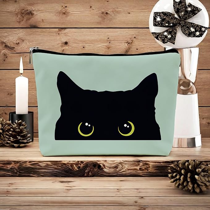 NEGIGA Black Cat Makeup Bag – Cute Cosmetic Pouch Travel Toiletry Bag, Zipper Organizer for Women Girls, Multifunction Cat Lover Gift Purse (Greener Pu Leather)