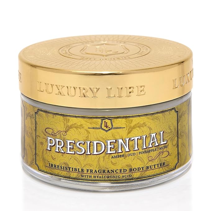 LUXURY LIFE BUTTER - 40% Extrait de Parfum Fragranced Body Butter with Hyaluronic Acid for Ultimate Moisture - Luxurious Room-Filling Natural Fragrances - Non-Greasy, USA Made, Presidential, 5 oz.