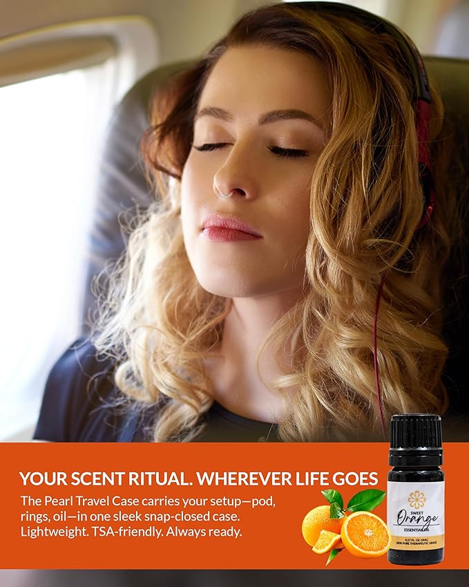 Essence Pearl Travel Case | Orange Essential Oil | Aromatherapy Nasal Diffuser & Essential Oil Carrying Case | Uplifting Citrus Scent | Travel-Friendly Kit | White Pod