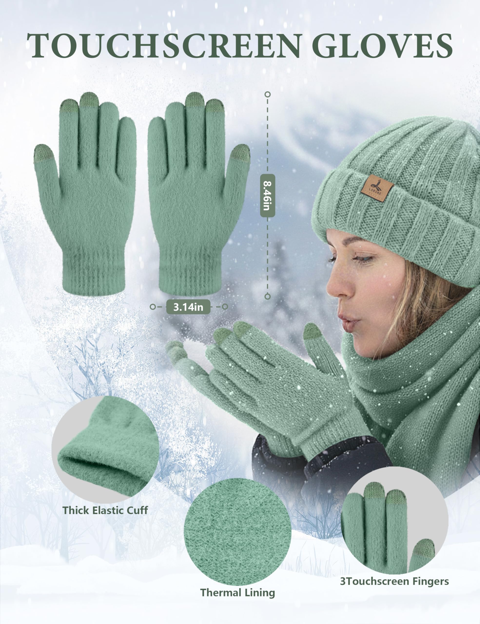 LOROME Winter Beanie Hat Gloves Scarf, Cashmere Hat Gloves Scarf Set Women