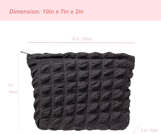 Flat Makeup Bag for Women,Zipper Cosmetic Pouch for Purse,Bubble Black