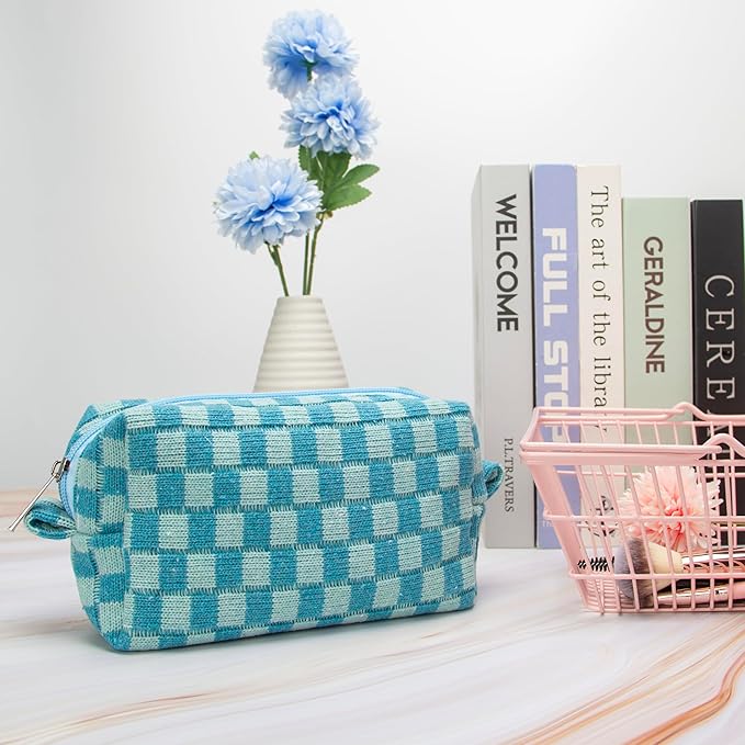 Checkered Makeup Bag for Purse, Small Cosmetic Pouch,Lake Blue,6 Pack