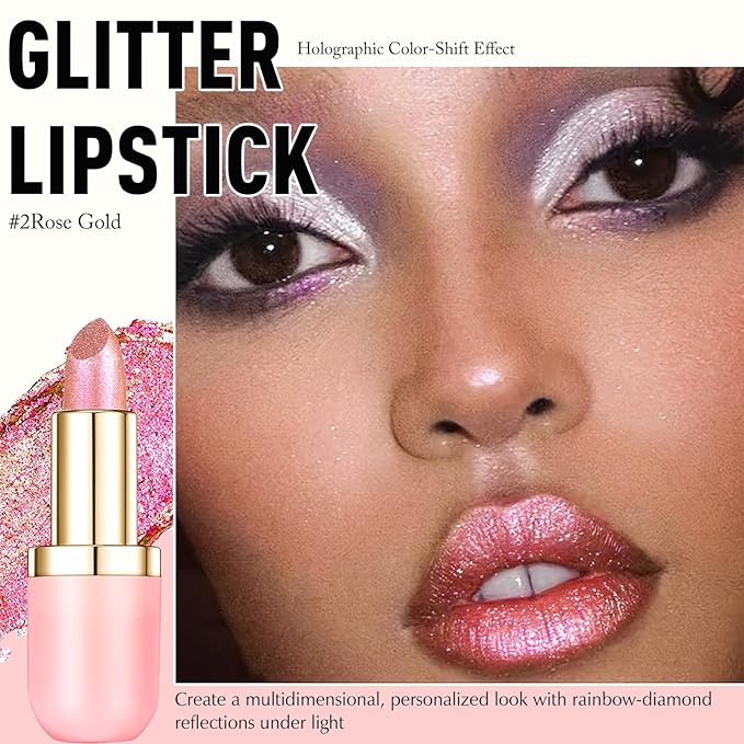 Wugbc Glitter Lipstick Makeup, Rose Gold Holographic Metallic Lip Stick Long Lasting Lightweight Non-Sticky Hydrating Lip Tinted Full Coverage Sparkling Chameleon Lipstick for Women