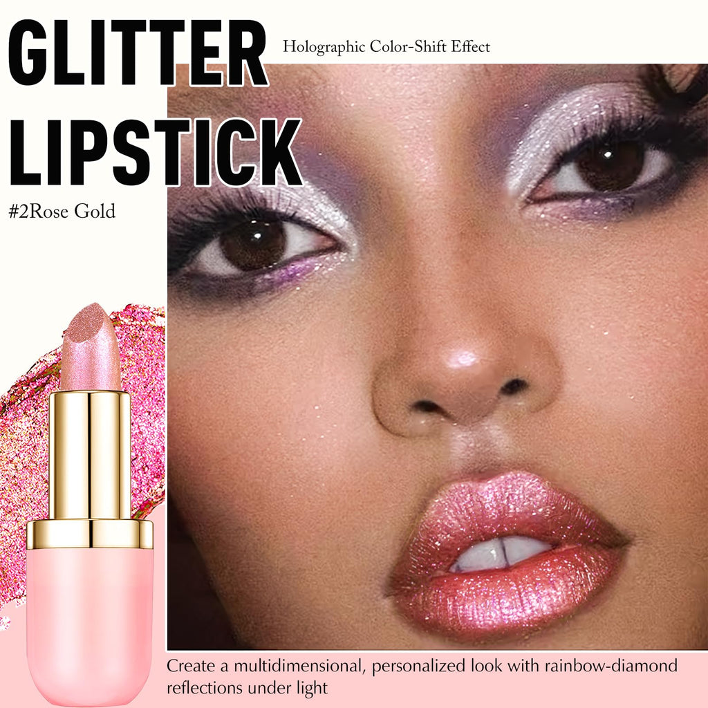 Wugbc Glitter Lipstick Makeup, Rose Gold Holographic Metallic Lip Stick Long Lasting Lightweight Non-Sticky Hydrating Lip Tinted Full Coverage Sparkling Chameleon Lipstick for Women