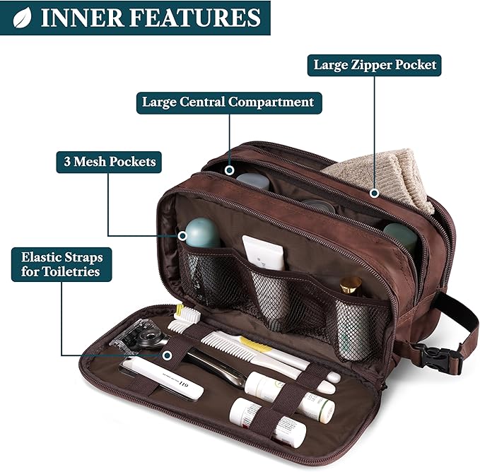 PAVILIA Toiletry Bag for Men, Travel Toiletries Bag | Water-resistant Dopp Kit, PU Leather Shaving Pouch Organizer for Accessories, Cosmetic, Hygiene, Grooming Essentials (Dark Brown)