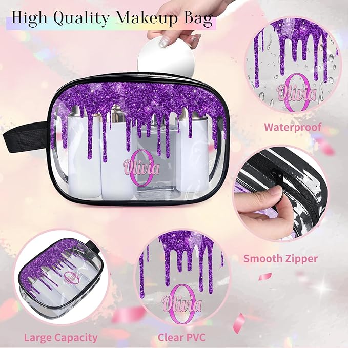 KFNHN Personalized Transparent Makeup Bag with Name, Travel Clear Cosmetic Bag for Women, Friends, Mother's Day, Bridesmaid, Bride, Wedding, Graduation, Deep Purple Sequins Fluid Shape
