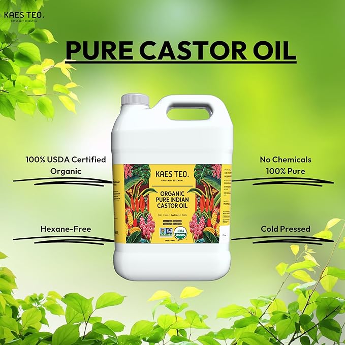 Kaes Teo Organic Castor Oil 1 Gallon (128 fl oz) Bulk, 100% Pure Cold-Pressed, Hexane Free, Eyelash, Eyebrow & Hair Growth Serum, Skin Moisturizer, Massage, Hair Loss, Dandruff, Detox and Wraps