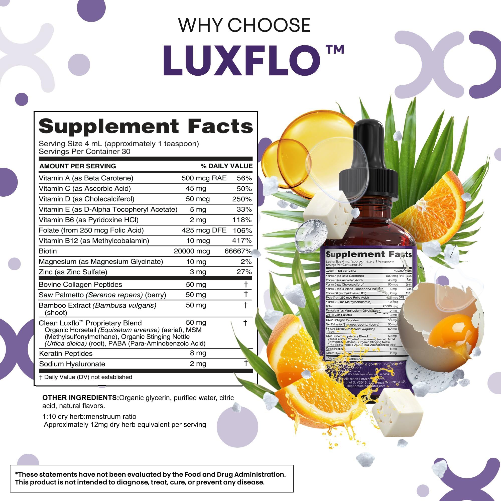 Liquid Biotin & Collagen Keratin Hyaluronic Acid Saw Palmetto Drops Vitamins for Hair Growth Support Silica Vitamin A C D Bamboo Turmeric Zinc Folate Magnesium Horsetail LuxFlo By Clean Nutra