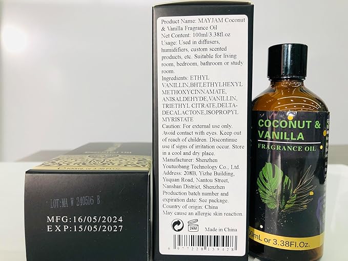 MAYJAM Coconut & Vanilla Fragrance Oil for Diffusers, 100ML/3.38FL.OZ