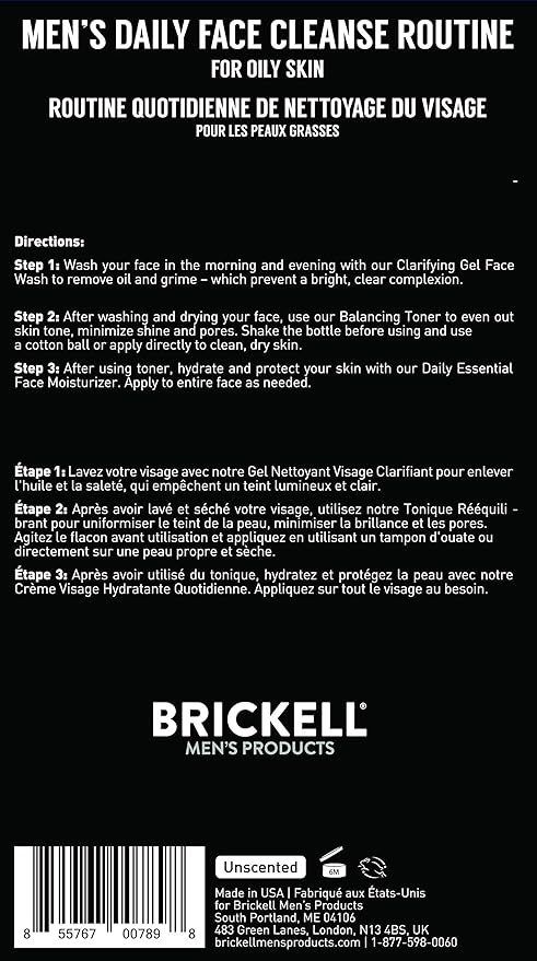 Brickell Men's Daily Face Cleanse Routine for Oily Skin, Alcohol Free Toner, Gel Facial Wash and Moisturizer, With Hyaluronic Acid, Aloe, and Witch Hazel, Unscented