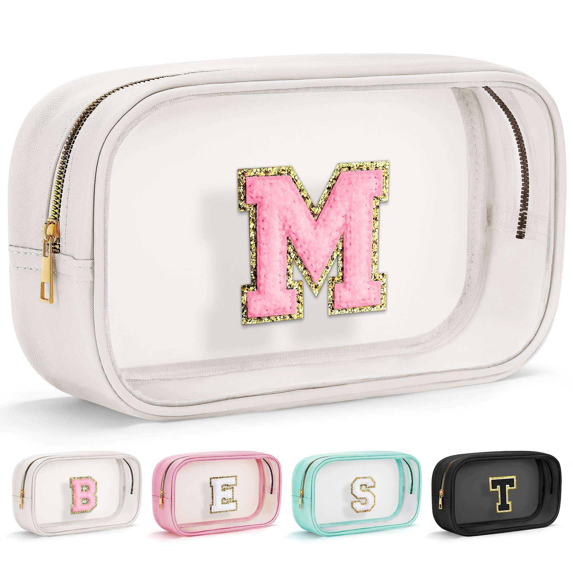 YOOLIFE Initial Make Up Bag Travel Toiletry Bag, Clear Makeup Bag Preppy Cosmetic Bag Clear Makeup Bags With Zipper Girlfriend Teacher 6 Year Old Girl Gifts Daughter Gifts Swim Gifts For Girls White M