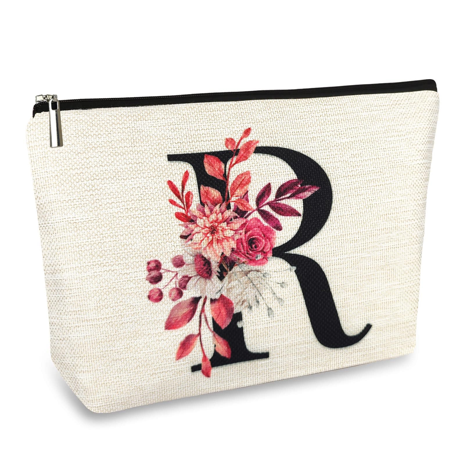 Initial A-Z Personalized Floral Makeup Bag, Monogrammed Birthday Gifts for Women Mom, Mothers Day Christmas Gift Ideas for Best Friend, Bride Bridesmaid, Her, Grandma, Small Travel Cosmetic Bag (R)