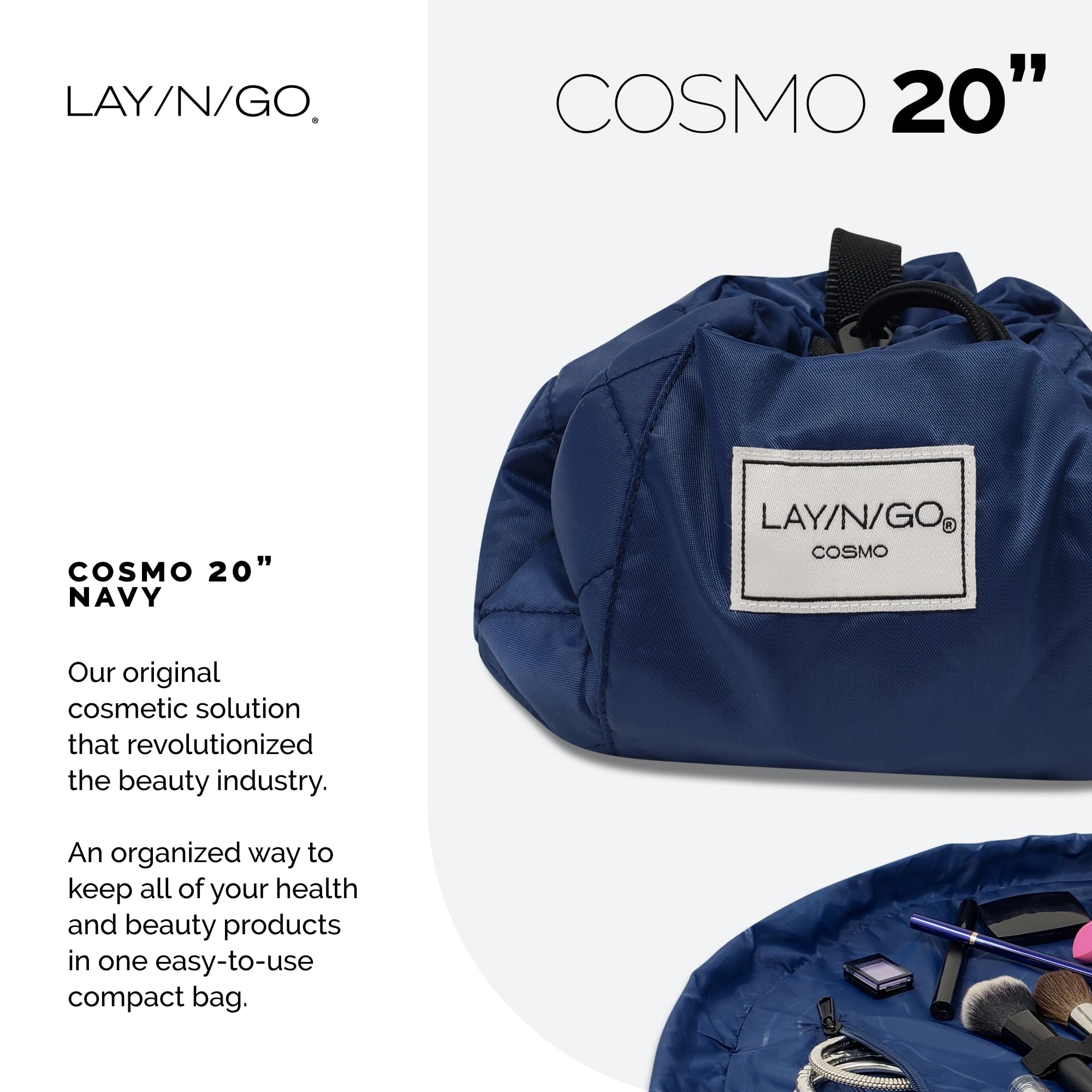 Lay-n-Go Cosmo Layflat Drawstring Cosmetic & Makeup Bag Organizer w/Zipper Pocket, Brush Loops & More, Cinch to Close, Lay Flat to Use, Durable, Machine Wash, Travel Toiletry Bag (20", Navy)