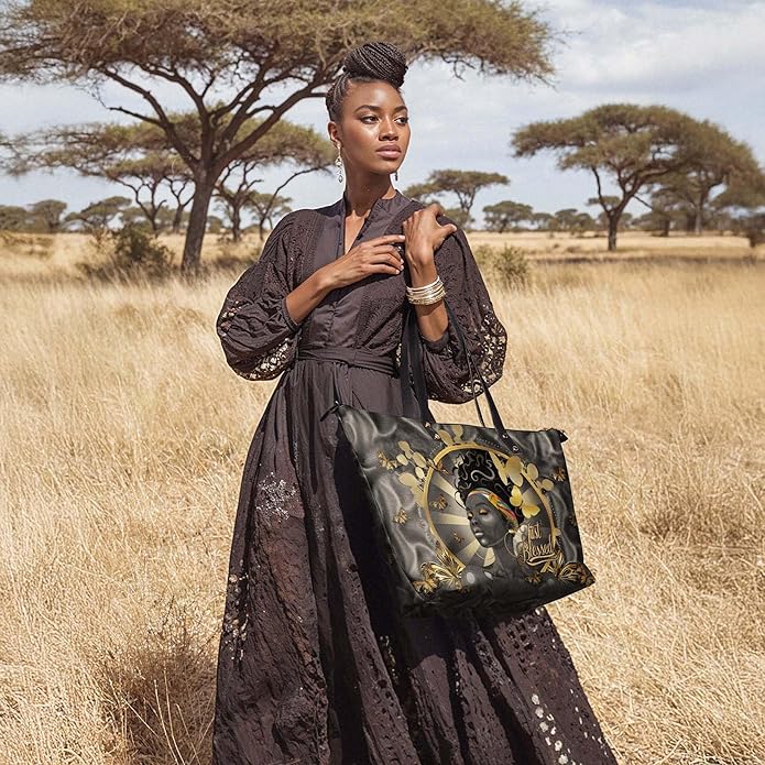Afroyla African Black Women's Leather Tote Bag, Large Size, Premium Leather, Perfect Presents For Women (Barakaya, Premium Vegan Leather)