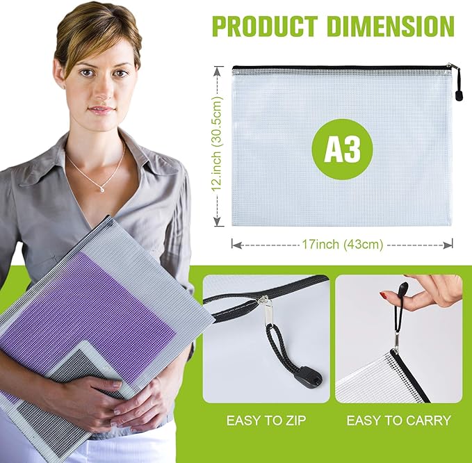12PCS Mesh Zipper Pouch Bags: A3 Clear Zipper Pouches for Classroom, Black