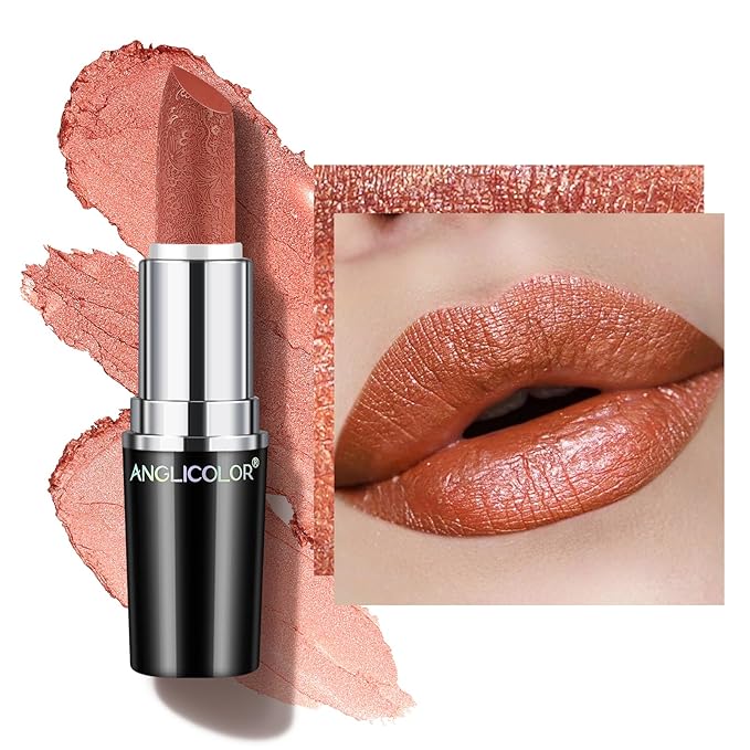 Anglicolor Metallic Orange Red Lipstick,Lightweight Hydrating Formula