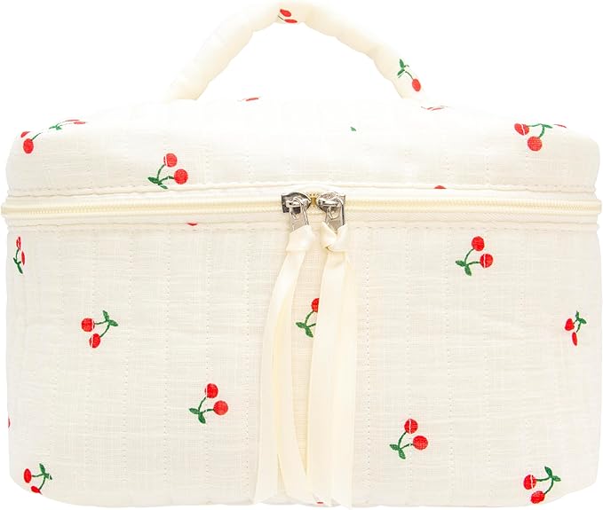 Quilted Makeup Bag for Women, Travel Cosmetic&Toiletry Bag,Cherry Beige