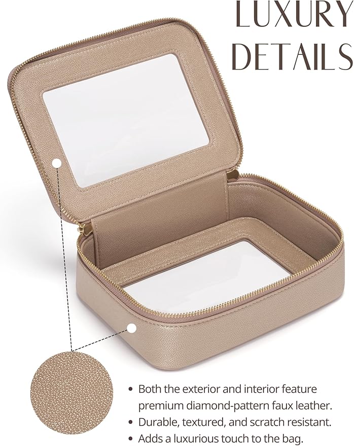 Popvibe Clear Makeup Bag Travel Cosmetic Case Transparent Toiletry Bag with Zipper, Portable Make Up Organizer Traveling Compact Car Bag for Essentials, Gold, Medium