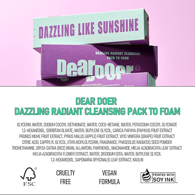 Dear Doer Dazzling Radiant Cleansing Pack to Foam – 3-in-1 Wash-Off Mask & Exfoliator & Cleanser w/Fresh Grape Extract & Niacinamide – Vitamin C and Resveratrol for Dry, Dull Skin (3.38 fl oz)