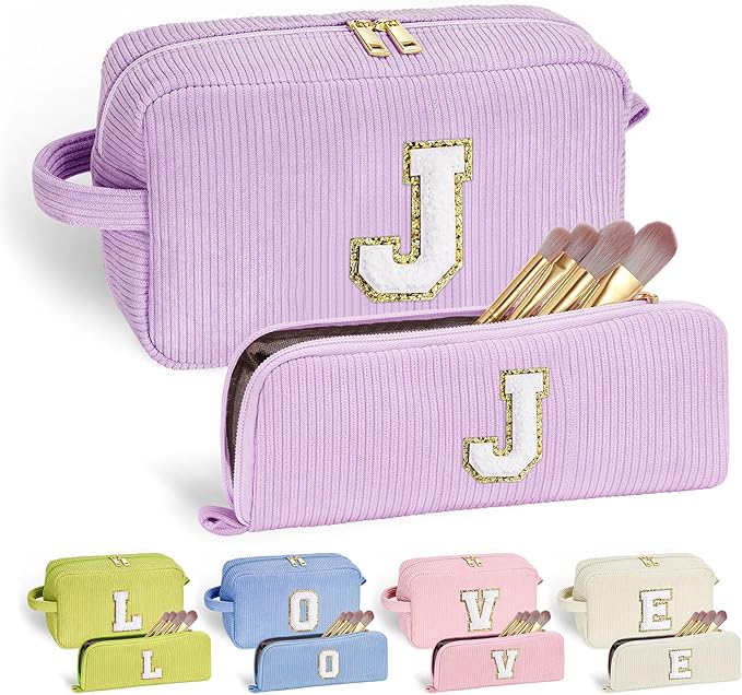YOOLIFE Teen Girl Makeup Bag - Gifts for Women Teenage Girls Letter Make Up Bag Purple Travel Cosmetic Bag 8 9 10 11 12 Year Old Girl Birthday Gift Daughter Granddaughter Sister Gifts for Her Letter J