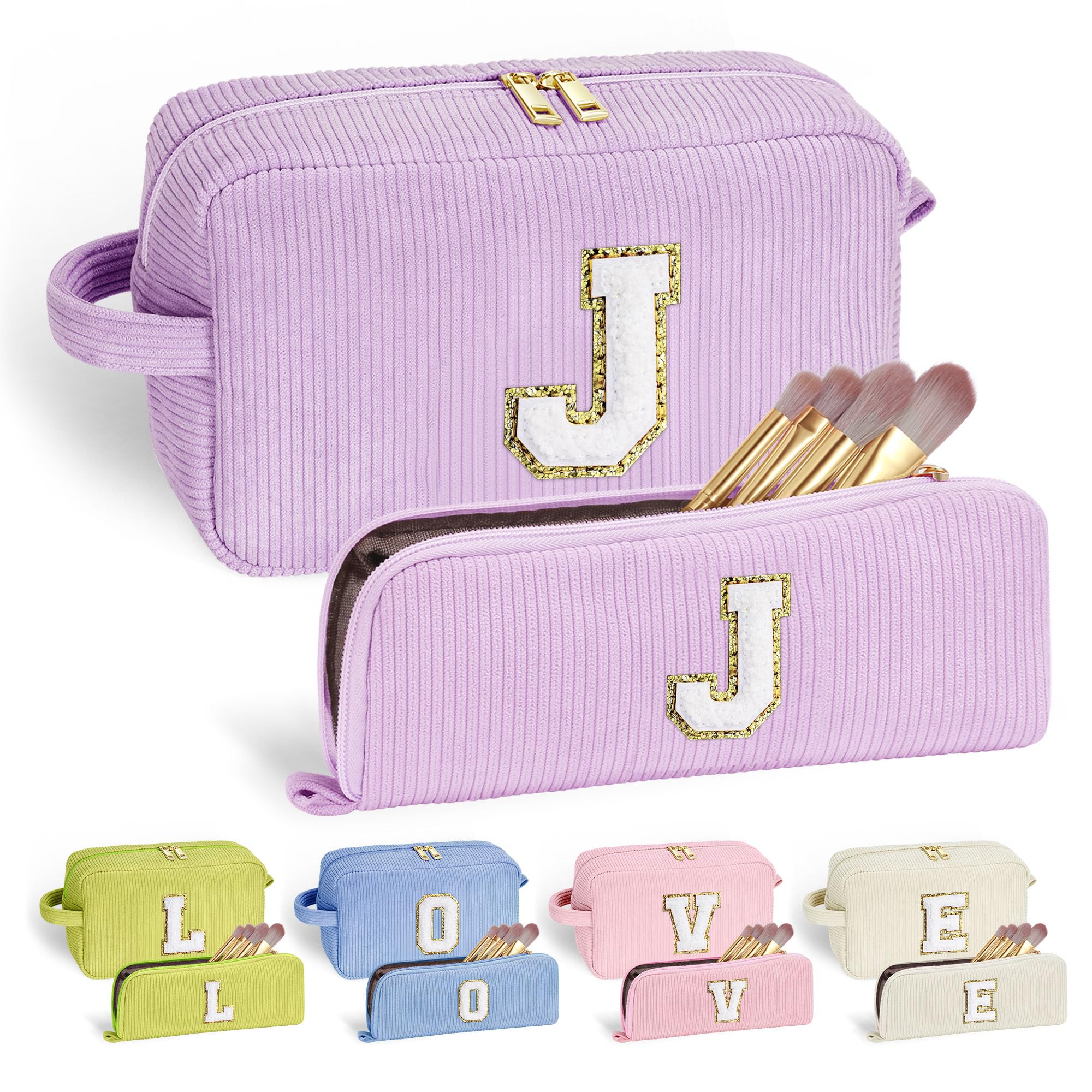 YOOLIFE Teen Girl Makeup Bag - Gifts for Women Teenage Girls Letter Make Up Bag Purple Travel Cosmetic Bag 8 9 10 11 12 Year Old Girl Birthday Gift Daughter Granddaughter Sister Gifts for Her Letter J