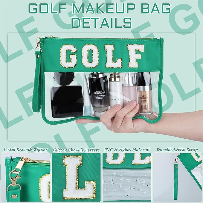 BuyCard 2 Pcs Golf Gifts Cosmetic Makeup Bag with Chenille Letter Patch, Clear Pouch PVC Organizer Purse, Waterproof Travel Bag, Portable Toiletry Storage Bag for Her Girls Friends Women