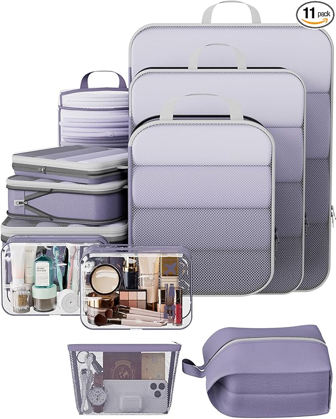 Veken 11 Set Compression Packing Cubes Garment Bags for Travel Essentials,Compressible Expandable Luggage Organizer Bags for Clothing,Space Saver Bags with Over 1000 pcs of Mesh Holes(Purple Gray)