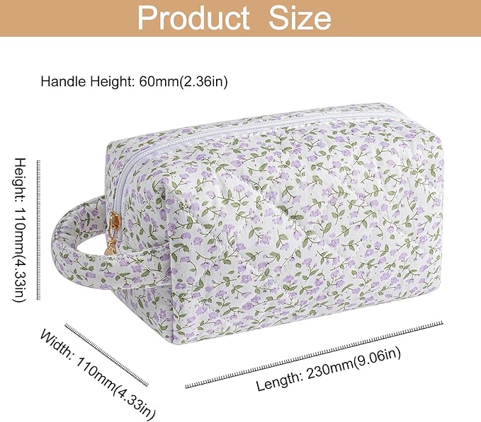 HHQQWZ Makeup Bag Travel Cosmetic Bag for Women, Zipper Make Up Pouch, Floral Flowers Toiletry Organizer Makeup with Handle, Cosmetic Travel Cloth Bag (Purple Floral)