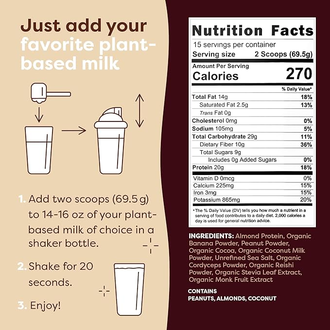 FlavCity Vegan Almond Protein Shake Powder, Chocolate Peanut Butter + Reishi & Cordyceps Mushrooms - Focus, Skin, Hair & Joint Support - All in One Smoothie for On-the Go, 20 Servings