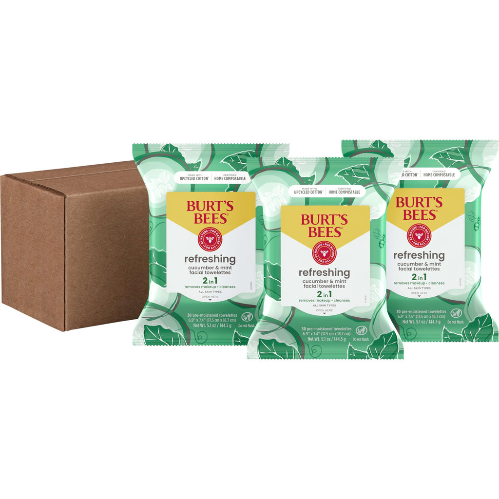 Burt's Bees Cucumber and Mint Face Wipes, Refreshing Makeup Remover and Facial Cleansing Towelettes, 99 Percent Natural Origin, Remove Makeup, Cleanse, All Skin Types, 30 ct., Three Pack