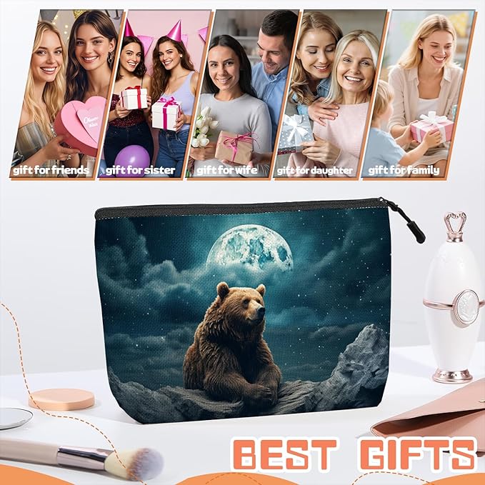 Scribesense Cosmetic Bags Travel Makeup Toilet Case Waterproof Pouch for Women Girls 6.7X9.45inches - Brown Bear on Rock Under A Starry Sky And Moon