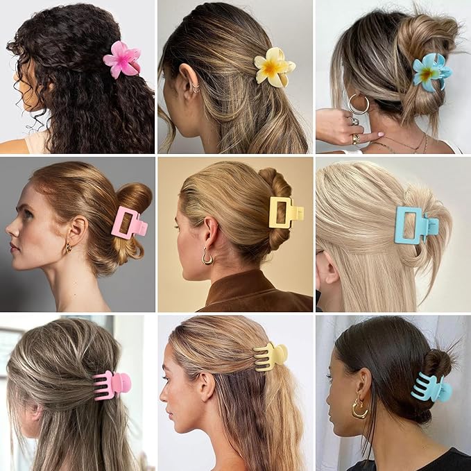 Hair Clips for Women 9 Pack Medium Claw Clips, No Slip Strong Hold Hair Clips for Thick & Thin Hair, Flower Square Aesthetic Styles for Everyday Styling, Trendy Hair Accessories (Pink)