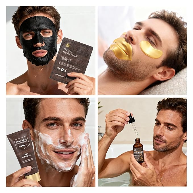 30 Pcs Men Sandalwood Facial Skin Care Set for Men, Father's Day Gifts, Beard Grooming Set, Bath & Body Gift Basket Set, Bath Bomb, Birthday, Valentines, Husband, Holiday, Christmas, Dad, Anniversary