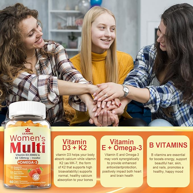 Womens Multivitamin Gummy, GLP-1 Friendly Methylated Multivitamin for Women w/Omega 3（DHA/EPA), Vitamin D3 K2, Calcium, B Complex, L-MethylFolate, Methyl B12, Women's Vitamins, Sugar Free, 120Cts