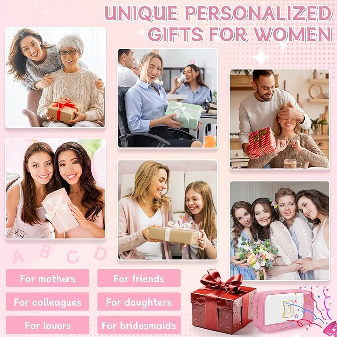 WELIDAY Personalized Initial Clear Makeup Bag, Travel Chenille Patch Cosmetic Bag, Preppy Toiletry Bag Monogram Cosmetic Pouch with Zipper, Ideal Gift for Teen Girls Women (Clear-Pink, D)