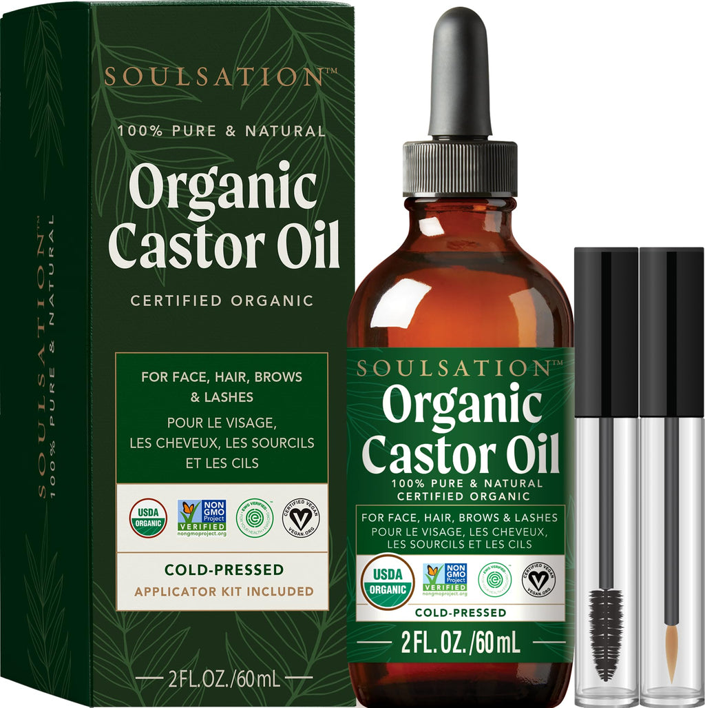 SOULSATION Castor Oil Organic Cold Pressed for Eyelashes, Hair & Skin 2oz