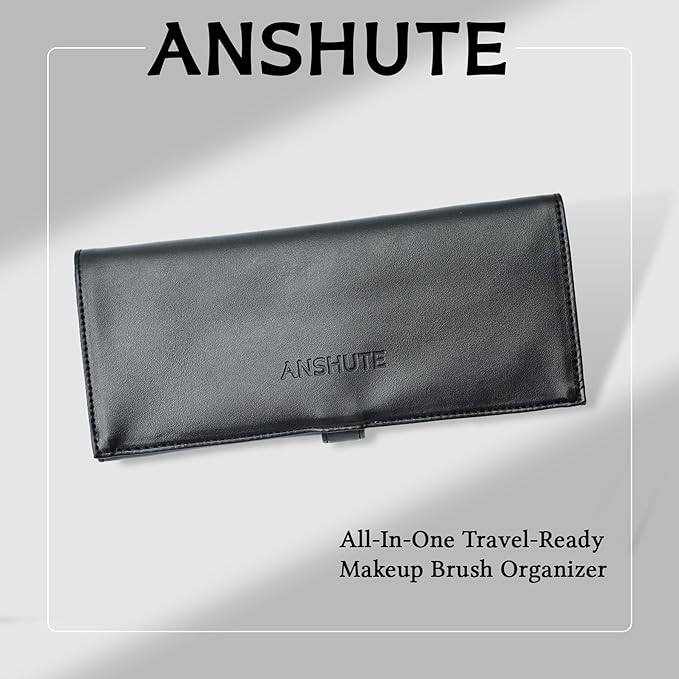 Anshute Travel-Ready Makeup Brush Organizer，Makeup brush holder travel Bag, Black - Multi - Zone PU Leather Cosmetic Case, roll up makeup bag organizer, Makeup Brush Case